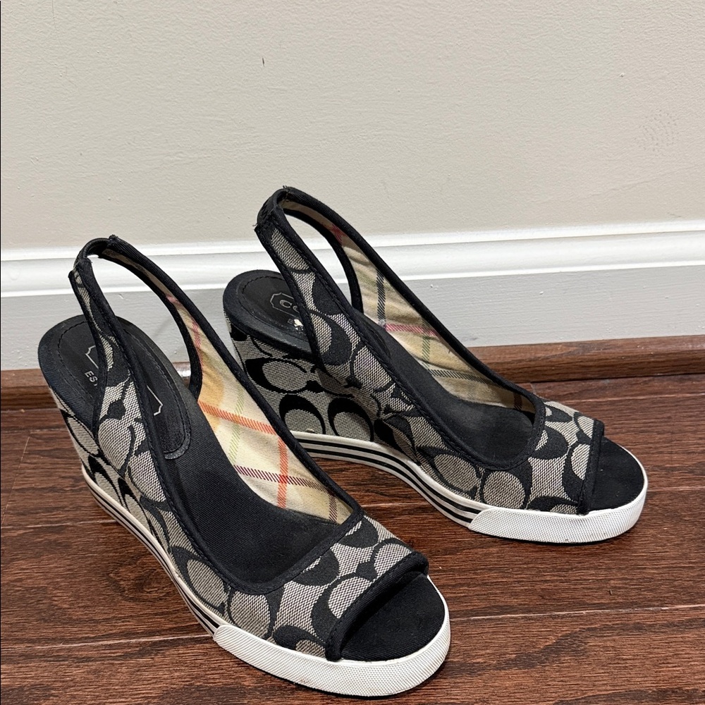 COACH Stylish Black and Gray Wedge Sandals